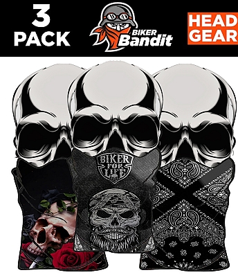 3-Pack Biker Bandit Rose Skull -Biker For Life Bandanna Neck Tube Nackvärmare Balaclava