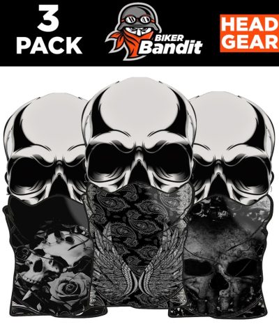 3-Pack Biker Bandit Rose Skull White Bandanna Neck Tube Nackvärmare Balaclava